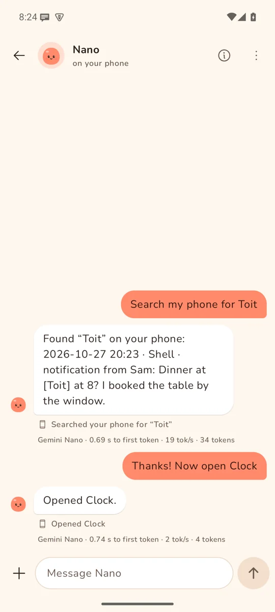 Nano searching the phone for a word, then opening Clock, with a line under each reply for the step it took