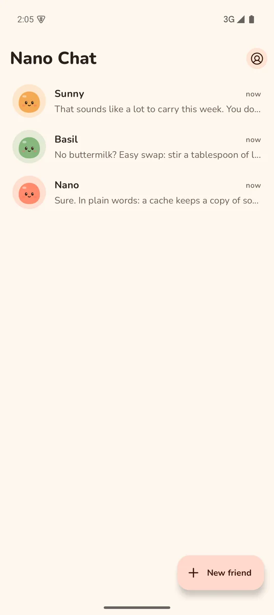 The home screen, with each companion and their last message