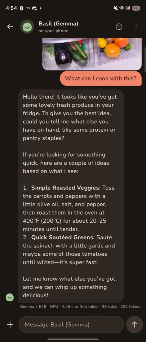 Basil, on Gemma 4 E4B, answering a photo of a fridge with two dinner ideas