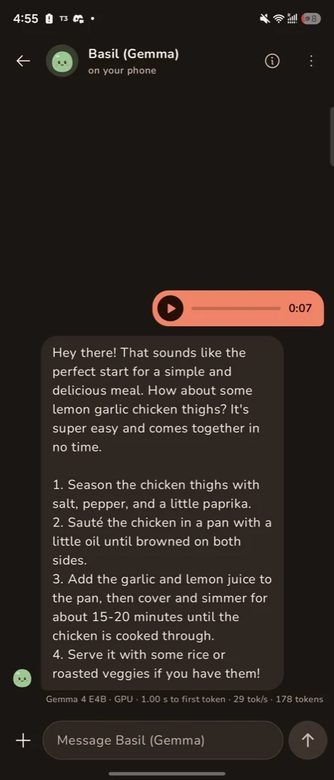 Basil answering a voice note with a recipe